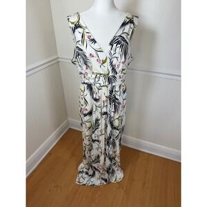 Ann Taylor Maxi Dress Women L Petite Tropical Palm Floral Surplice Sleeveless